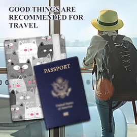 ATJFKIXL Passport Holder for Travel Essentials, RFID Premium Leather Passport Wallet Cover Case for Travel Must Haves Accessories, Passport Book Holders for Women Men Cute Grey Cats