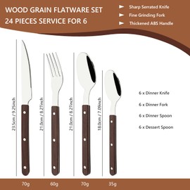 24-Piece Silverware Set, Uniturcky Forged Stainless Steel Flatware Set for 6, Vintage Cutlery Set with Dark Brown Wood Grain Handle, Mirror Polished, Rustic Utensils Set, Riveted handle design