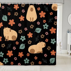 Cute Capybara Kids Shower Curtains,Funny Rodent Animals Lovers Bathroom Curtains for Boys Girls Adults,Flowers Leaves Romantic Watercolor Cartoon Waterproof Curtains,12 Hooks Suits,72"W x 72"L