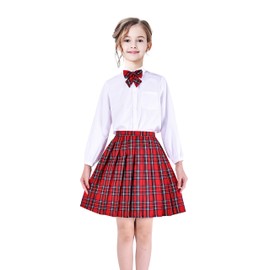 Sunny Fashion Girls Dress V Neck Pleated Hem School Uniform Size 110-158, Red Plaid Set