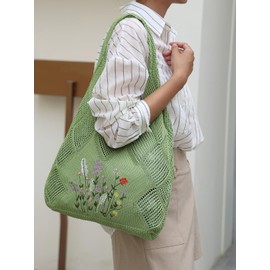 Stizimn Crochet Mesh Beach Tote Shoulder Hobo Aesthetic Summer Bag for Women (Embroider-Green)