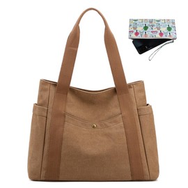 JIANLINST Women's Canvas Tote Handbags Multi-pocket Retro Casual Shoulder Bag Top Handle Satchel Tote Purse Brown