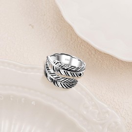 Bonlavie Feather Ring 925 Sterling Silver Vintage Adjustable Stacking Statement Rings for Women & Men