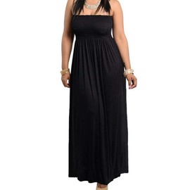 811 - Smocked Chest Strapless Tube Long Maxi Beach Cover-up Dress (S, Black)