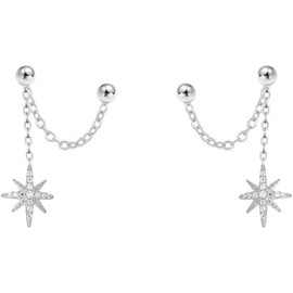 Star Chain 925 Sterling Silver Earrings for Women Girls Hypoallergenic Double Piercing Studs Tassel Dangle Drop Fashion Chic Jewelry Gifts (One size, Silvery)