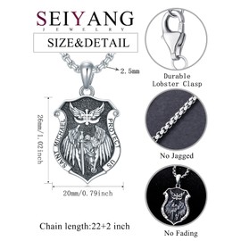 Seiyang St Michael Necklace for Men 925 Sterling Silver Shield Shape Saint Archangel Michael Medal Medallion Protection Jewelry for Women