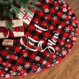 48" Buffalo Plaid Christmas Tree Skirt with 6pcs Plastic Snowflakes,Red and Black Buffalo Xmas Large Tree Ornaments Mat for Xmas New Years Eve Holiday Party Outdoor Decoration (Red)