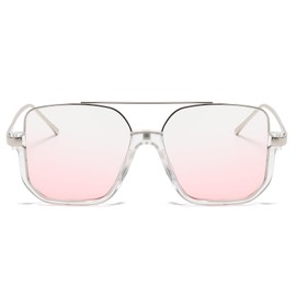 Long Keeper Retro Oversize Pilot Sunglasses for Women Men Aviation Sunglasses Square Double Bridge Sun Glasses Semi-Rimless Vintage Shades UV400 Protection (Silver Clear Frame - Gradient Pink Lens)