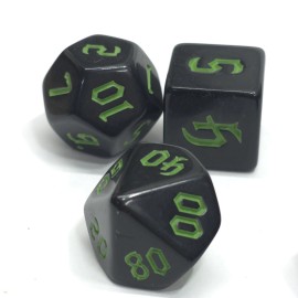 HD Dice New 7 Piece Polyhedral Opaque Black w/ Green Gothic Font Dice Set and Dice Bag