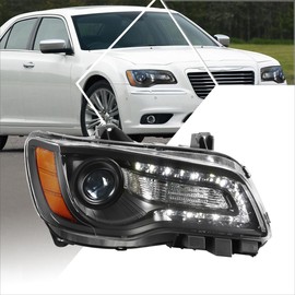 PM PERFORMOTOR [Right/Passenger Side] LED DRL Projector Headlight Compatible with 11-14 Chrysler 300,Black Housing