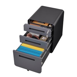 soges 3 Drawer Mobile Metal File Cabinet with Lock, Versatile Filing Cabinet Under Desk for Legal/Letter/A4 Storage, Full Assembled Except Casters, for Home Office (Black Grey)