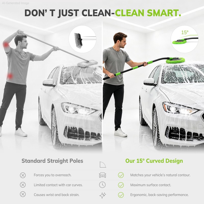 Car Wash Brush Kit, Long Handle, Microfiber Wash Mop, 15°