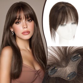 S-noilite Real Human Hair Topper with Bangs 360°3D Cover Hair Toppers for Women with Wispy Bang Dark Brown Clip on Bangs for Daily Wear