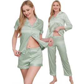 WJing Yi Jia Womens 5Pcs Silk Pajamas Set XS-2XL Satin Pajama Sets Silky Sleepwear Pjs Loungewear Button Down Pj Nightwear