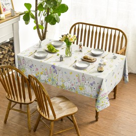 Horaldaily Easter Tablecloth 60×60 Inch, Wildflowers Bunnies Spring Washable Table Cover for Party Picnic Dinner Decor