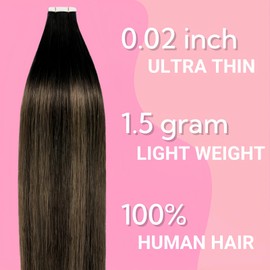 FUOTONBUTY 10pcs Tape in Hair Extensions Human Hair Invisible Tape in Hair Extensions Seamless Tape ins Tape on Real Human Hair Extensions Thick End (Ombre Dark Brown to Chestnut Brown, 16 inch)