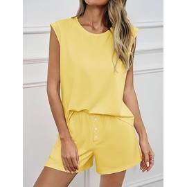 Tankaneo Women's Two-Piece Summer Outfits Plain Trouser Suit Tank Top and Shorts Set Elastic Waist Sports Tracksuit Elegant Loungewear Set, yellow, XL