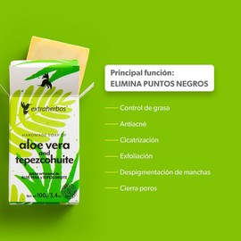 Extraherbos Jabón Aloe Vera y Tepezcohuite 100g - Regenerador Dérmico y Cicatrizante Elimina Puntos Negros, Despigmentante, para Marcas y Manchas - Jabón Artesanal Hidratante y Calmante