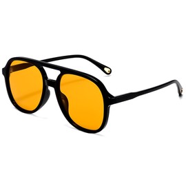 LOJUDI Retro 70s Sunglasses Mens Womens - Polarised Tinted Pilot Vintage Square Double Bridge Glasses UV400 Protection-Black/Orange Yellow