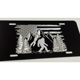 Engraved Big Foot Sasquatch US Flag Car Tag Diamond Etched Metal License Plate, Black