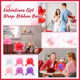 Poen 48 Pcs 6 Inch Large Valentine's Day Pull Bows Valentine's Gift Bow Matte Gift Wrap Bows and Ribbon Bows for Wrapping Boxes or Valentine's Party Decorations, Valentine's of Gift Party Decorations