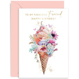 Happy Birthday Icecream Greeting Card for Special Friend - Female Birthday Card for Her - Pastel Ice Cream Floral Artwork Birthday Greeting Card for Fabulous Friend - Bestie BFF | Blank Inside