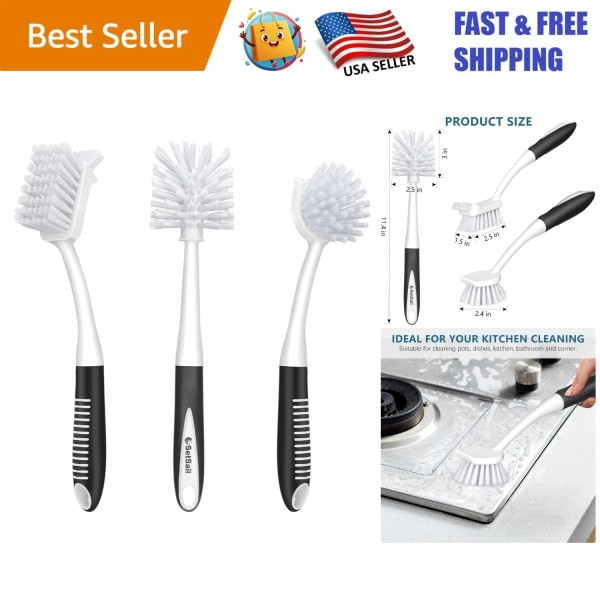 Unbranded Elegant 3-Piece Dish Brush Set with Ergonomic Handle for