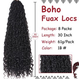 Beverlee 30 Inch Boho Goddess Locs Crochet Hair 8 Pack Black Curly Synthetic Bohemian Faux Locs