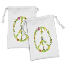 Lunarable Groovy Fabric Pouch Set of 2, Peace Natural Youthful Flourishes Summertime Holiday Traveling, Small Drawstring Bag for Toiletries Masks and Favors, 9" x 6", Green Multicolor