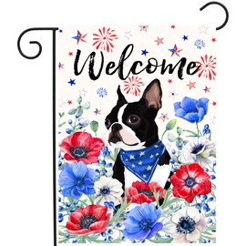 4th of July Boston Terrier Garden Flag Red White Blue Floral Dog Yard Flags Small Memorial Independence Day Banner 12x18 Double Sided for Outside Outdoor Patriotic Decor