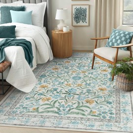 Lahome Light Blue Bedroom Rug 8x10 Under Bed, Boho Washable Rugs for Living Room, Soft Wool Rug for Nursery, Vintage Low Pile Carpet for Dining Room Girls