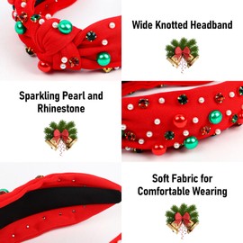 Christmas Headband, Pearl Knotted Hair Band with Rhinestone, Wide Top Knot Fashion Headband for Women Girls Christmas Hair Accessories (Red, One size)