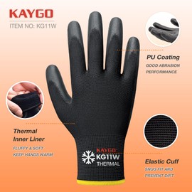 KAYGO KG11W Thermal Work Gloves PU Coated for Men Women 12 Pairs Non-Slip Grip Lined Protective Gloves for Winter Work Cold Store Warehouse Construction in Cold Weather (Black, XL, Size 10)