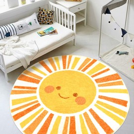 Lacomfy Kids Rug Boho Sun Play Mat 5.2Ft Round Sunshine Bedroom Carpet for Boys Girls Circle Nursery Mat Playroom Rug for Children Washable Orange Yellow Sun Area Rug for Classroom Living Room