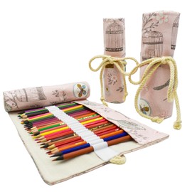 Lopenle Butterfly Colored Pencil Wrap Canvas Floral Roll Up Holders Birds Pencil Organizers for Artist Coloring Travel Storage with 24 Slots(Flower Butterflies Birds)