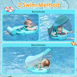 Mambobaby Baby Pool Float with Canopy, Non-Inflatable Infant Swimming Float, Soft Waterproof Skin-Friendly Material, Solid Avoid Flip Floatie with Tail, UPF 50+ Bathtub Swim Ring for 3-24 Months Kids
