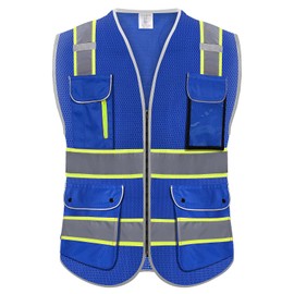 Rhino Hit High Visibility Safety Vest - Reflective Breathable Mesh with 9 Pockets, Front Zipper for Men & Women - Meets ANSI/ISEA Standards