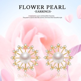 Pearl Snowflake Stud Earrings 925 Sterling Silver Pearls Snowflake Earrings Hanging Beads Stud Earrings Pearl Jewellery for Girls Women Children, Sterling Silver