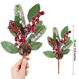 Tatuo Artificial Pine Tree Branches Christmas Pin Picks 13.8 Inches with Pine Cones Red Berry Flower Ornaments in 6 Styles for Xmas Wreaths Home Vase Decor (12)