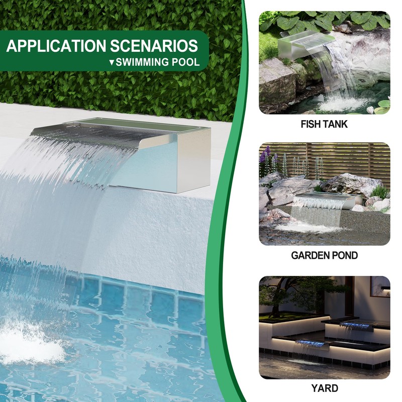 Waterfall Pool Fountain LONGRUNNEW 304 Stainless Steel 9.06" Rectangular Waterfall