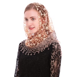 Pamor Triangle Lace Veil Mantilla Cathedral Head Covering Chapel Veil for Mass Wedding Bridesmaids (Champagne)