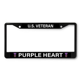 Sign Destination Metal License Plate Frame U.S. Veteran Purple Heart Car Auto Tag Holder Black 2 Holes Set of 2