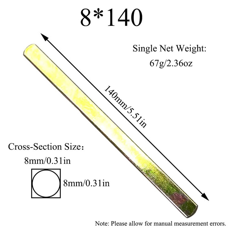 8mm x 140mm Door Handle Spindle Plain Square Solid Steel