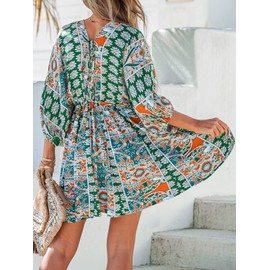 CUPSHE Women Casual Boho Sundress Summer Floral Print Tie Front Dress 3/4 Sleeves Paisley Beach Mini Dresses,XL Green