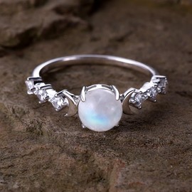 Angol Natural Moonstone Ring for Women, 925 Sterling Silver Triple Moon Goddess Engagement Promise Ring Anniversary, Birthday, Christmas, Valentine's Day Gift for Her (Natural Moonstone-Silver, 10)