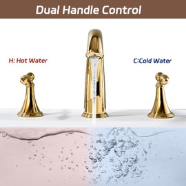 Gold Bathroom Faucet Widespread 3 Hole, 6–16 Inch Vanity Sink with 2 Handles, Drip-Free Ceramic Disc Valve, Solid Brass, Push Pop-Up Drain Assembly Included