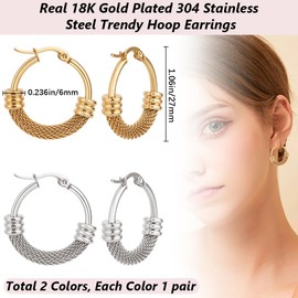 Beebeecraft 4Pcs 2 Colors Mesh Hoop Earrings 304 Stainless Steel Chunky Wire Mesh Circle Huggie Hoop Earrings Gold and Silver 27mm for Women