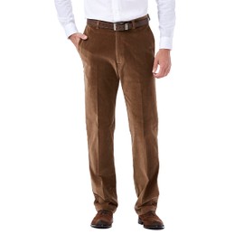 Haggar mens Stretch Corduroy Expandable Waist Classic Fit Flat Front Casual Pants, Camel, 42W x 32L US