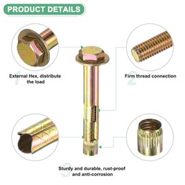 M METERXITY 4-Pack Hex Expansion Bolt, M10x80mm Colored Galvanized Iron-Carbon Steel External Hex Expansion Bolts, Anti-Corrosion Metal Bolt for Concrete/Dry Brick/Block Walls