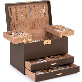 AKOZLIN Travel Jewelry Box Organizer Functional 2-trays Leather Jewelry Storage Case with Lockable Portable 2 Drawers for Women Girls Ring Necklace Earring Bracelet